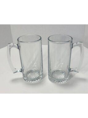 Libbey 25oz Sport Heavy Clear Glass Beer Mugs With Starburst Base Set Of 2 VTG